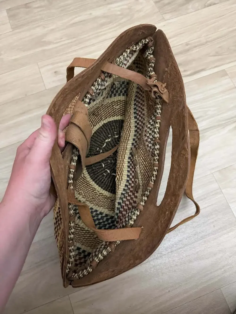 Vintage Handwoven Sisal and Tooled Leather Boho Market Tote Bag